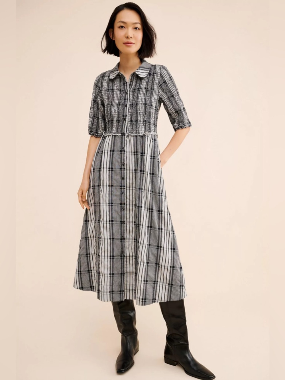 Maeve plaid smocked  Midi Dress in Black and White